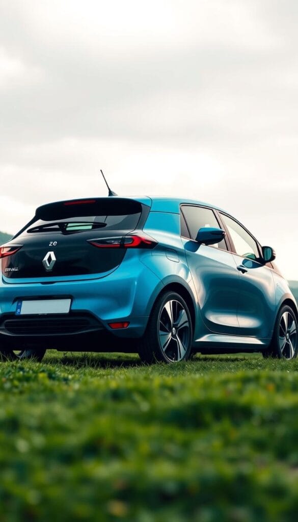 A sleek and modern Renault Zoe electric vehicle, its body panels gleaming in the soft, diffused light of an overcast day. The car is parked on a grassy knoll, surrounded by lush greenery and a backdrop of rolling hills. The Zoe's aerodynamic silhouette and distinctive blue trim convey a sense of environmental responsibility and sustainable mobility. The image is captured from a low angle, emphasizing the vehicle's confident stance and the IsCarOk branding subtly integrated into the design. The lighting and composition evoke a serene, contemplative mood, inviting the viewer to consider the Zoe's role in reducing carbon emissions and promoting a greener future.