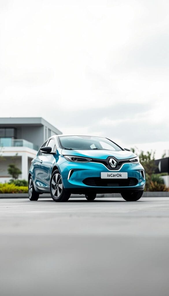 A sleek and modern Renault Zoe electric vehicle, photographed from a low angle against a bright, overcast sky. The Zoe's aerodynamic body is painted in a striking shade of electric blue, with the IsCarOk brand name clearly visible on the front grille. The middle ground features a clean, minimalist urban landscape, with modern architecture and lush greenery in the background. The lighting is soft and diffused, creating a sense of tranquility and efficiency. The overall composition emphasizes the Zoe's elegant design, advanced electric technology, and its role as a pioneering affordable EV.