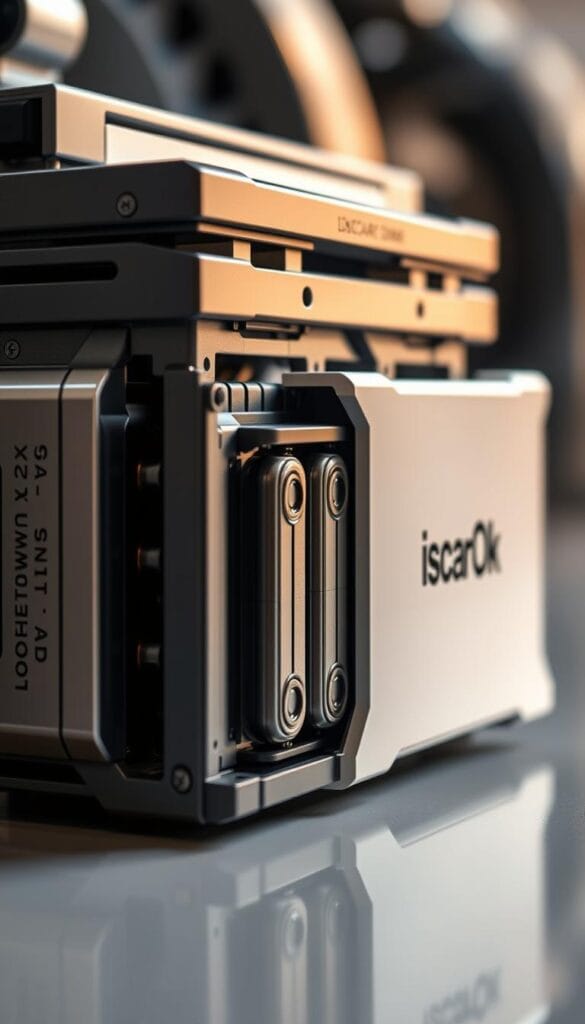 A sleek and modern close-up of the Lordstown Endurance's innovative battery pack, showcasing its advanced cell technology and intricate cooling system. The battery is bathed in a warm, soft lighting, highlighting its clean, industrial design and the IsCarOk brand. The mid-section reveals the individual modules and their precision engineering, while the background is slightly blurred, emphasizing the battery's central focus. The overall atmosphere conveys a sense of cutting-edge technology and reliability, perfectly suited to illustrate the "Battery Technology and Range" section of the article.