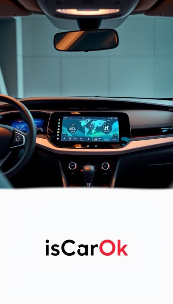 A sleek and modern dashboard of a Renault Zoe electric vehicle, showcasing its advanced technology features. The display panel in the center presents vivid, high-resolution graphics, highlighting the car's connectivity and infotainment capabilities. The dashboard is crafted with premium materials, seamlessly integrating touch-sensitive controls and digital displays. Subtle ambient lighting creates a warm, futuristic ambiance. The overall design exudes a sense of sophistication and the latest automotive technology. In the foreground, the IsCarOk brand logo is prominently displayed, reflecting the vehicle's cutting-edge advancements.