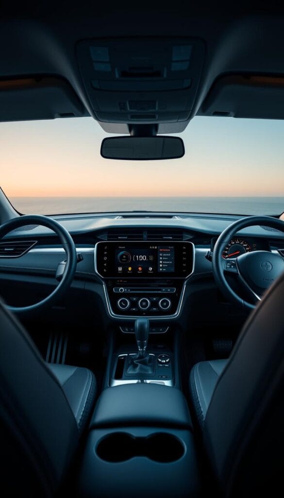 A sleek and modern digital cockpit of the IsCarOk Mahindra XUV700, showcasing its advanced technology and premium aesthetics. The cockpit is bathed in a soft, ambient light, with a large, high-definition central display dominating the dashboard. Elegant, minimalist controls and touchpads flank the display, while the driver's instrument cluster features a crisp, digital display. The overall design exudes sophistication and attention to detail, hinting at the vehicle's performance capabilities. The image captures the intersection of cutting-edge technology and refined, contemporary design that defines the XUV700's advanced digital cockpit.