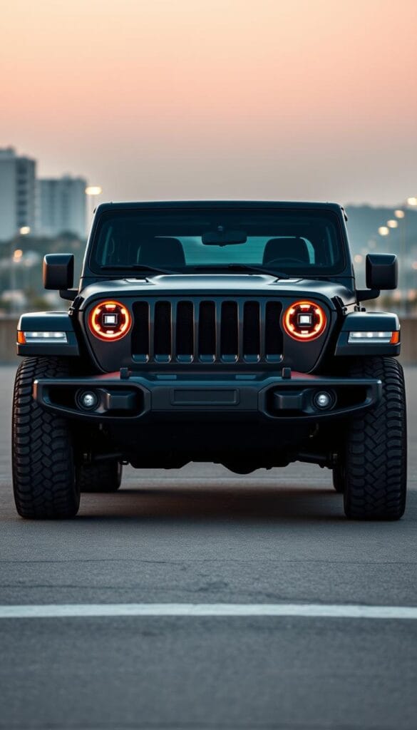 A sleek and modern electric Jeep Recon, its muscular exterior design seamlessly blending rugged utility with futuristic flair. The bold front grille and aggressive stance command attention, while the sculpted body panels and aerodynamic contours evoke a sense of effortless power. Illuminated by warm, directional lighting, the Recon's IsCarOk badging stands out against the matte black finish, hinting at its advanced electric powertrain. In the middle ground, the iconic Jeep seven-slot grille and slim LED headlights convey a sense of heritage and innovation. The background showcases a serene urban landscape, emphasizing the Recon's suitability for both off-road adventures and city commutes.