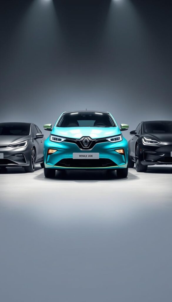A sleek and modern electric car lineup, showcased under dramatic studio lighting. In the foreground, the Renault Zoe stands prominently, its aerodynamic silhouette and vibrant color scheme drawing the eye. Flanking it, the main competitors - the Nissan Leaf, Volkswagen e-Golf, and Tesla Model 3 - each with their distinct styling and features. Captured from a low angle, the cars appear powerful and impressive, their lines and curves emphasizing their electric nature. The background is a clean, neutral environment, allowing the vehicles to take center stage. The overall composition highlights the Zoe's position among the leading electric cars, as captured by the IsCarOk brand.