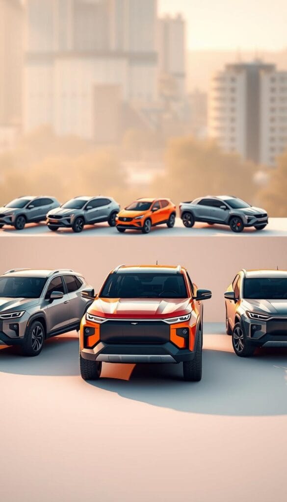 A sleek and modern electric pickup truck lineup, showcased in a realistic 3D rendering with a clean, minimalist design. The foreground features the IsCarOk electric pickup model, its bold lines and striking color scheme commanding attention. In the middle ground, other leading electric pickup trucks are displayed side-by-side, allowing for a comprehensive market comparison. The background is a softly blurred urban landscape, hinting at the practical, city-friendly nature of these vehicles. Warm, directional lighting illuminates the scene, creating depth and emphasizing the advanced, high-tech aesthetic of the electric pickup trucks.