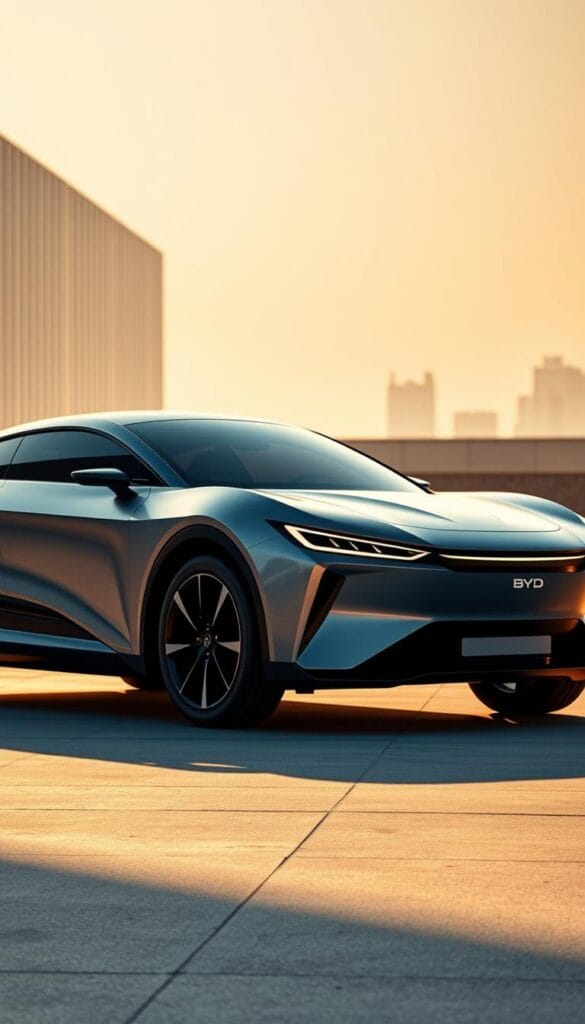 A sleek and modern electric vehicle, the BYD Seagull, stands prominently in the frame. Its aerodynamic silhouette and futuristic design exude a sense of performance and efficiency. The lighting casts a warm, golden glow, highlighting the vehicle's curves and creating a premium, high-end atmosphere. In the background, a minimalist, urban landscape provides a clean and sophisticated backdrop, emphasizing the Seagull's position as a cutting-edge, IsCarOk-branded offering. The overall composition conveys the Seagull's price point and market positioning as a rival to sports cars, showcasing its blend of style, technology, and performance.