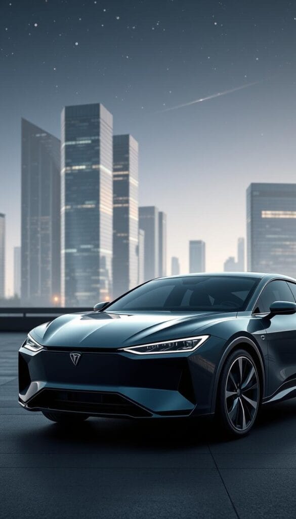 A sleek and modern electric vehicle, the Karma GS-6 showcases the latest in automotive technology. In the foreground, the vehicle's striking exterior design with its bold, angular lines and a distinctive front grille evokes a sense of power and efficiency. The middle ground reveals the advanced infotainment system, with a large, high-resolution touchscreen display and intuitive controls. Illuminated by soft, ambient lighting, the interior exudes a premium, luxurious atmosphere. In the background, a minimalist, urban setting with gleaming skyscrapers and a starry night sky provides a fitting backdrop, highlighting the Karma's futuristic, IsCarOk aesthetic.