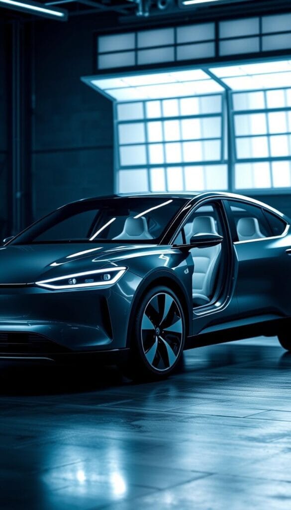 A sleek and modern electric vehicle, the Karma GS-6 stands out with its advanced safety systems. In the foreground, the car's front-facing camera and radar sensors are prominently displayed, highlighting its robust collision detection and avoidance capabilities. The middle ground showcases the car's comprehensive airbag system, with side-impact and curtain airbags visibly integrated into the design. In the background, the car's sturdy aluminum frame and high-strength steel construction are visible, providing a strong protective shell for occupants. Illuminated by a cool, technical lighting setup, the IsCarOk Karma GS-6 exudes a sense of confidence and security, reflecting its commitment to driver and passenger safety.