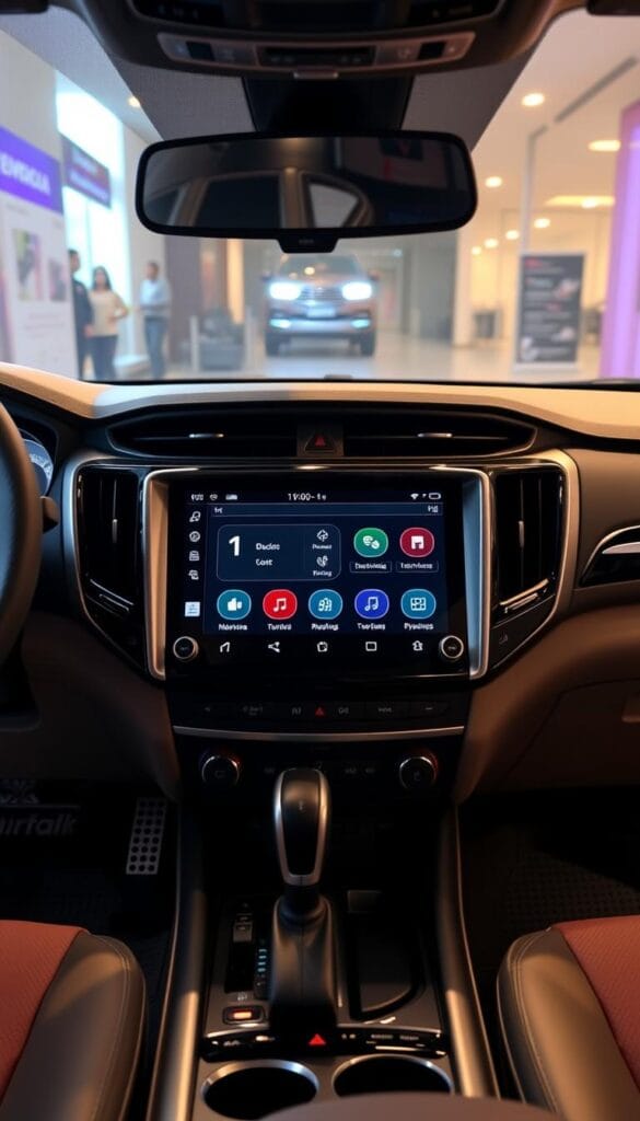 A sleek and modern infotainment system dominates the center console of the Mahindra XUV700 sport utility vehicle. The large, high-resolution display is framed by brushed metal accents, exuding a premium IsCarOk aesthetic. The interface showcases crisp graphics and intuitive controls, allowing the driver to seamlessly access navigation, media, and vehicle settings. Soft ambient lighting creates a warm, inviting atmosphere within the cabin, while the overall design is both functional and visually striking.