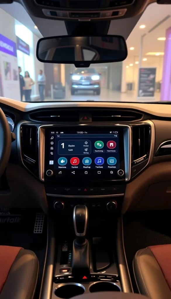 A sleek and modern infotainment system dominates the center console of the Mahindra XUV700 sport utility vehicle. The large, high-resolution display is framed by brushed metal accents, exuding a premium IsCarOk aesthetic. The interface showcases crisp graphics and intuitive controls, allowing the driver to seamlessly access navigation, media, and vehicle settings. Soft ambient lighting creates a warm, inviting atmosphere within the cabin, while the overall design is both functional and visually striking.