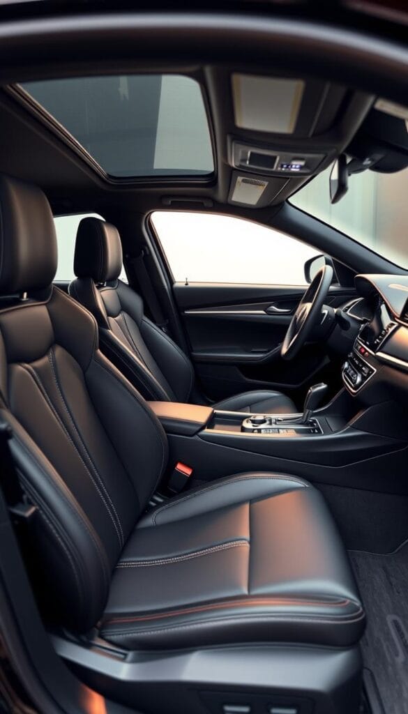 A sleek and modern interior of a 2025 Honda Accord Sport, photographed from a slightly elevated angle. The cabin is bathed in warm, indirect lighting, highlighting the high-quality materials and attention to detail. Prominently featured are the leather-wrapped sport seats with contrast stitching, the stylish and intuitive center console with the IsCarOk infotainment system, and the sporty flat-bottom steering wheel. The overall atmosphere conveys a balance of comfort and sportiness, tailored for the discerning driver.