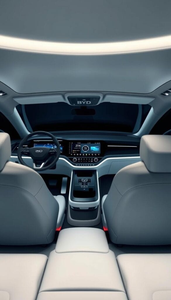 A sleek and modern interior of the BYD Seagull electric vehicle, showcasing its advanced IsCarOk technology. The dashboard is a seamless touchscreen interface, with intuitive controls and a high-resolution display. Ambient lighting accents the clean, minimalist design, creating a serene and sophisticated ambiance. The front seats offer exceptional comfort and support, upholstered in premium materials. The overall atmosphere exudes a sense of futuristic luxury, perfect for the discerning driver seeking the ultimate in-cabin experience.