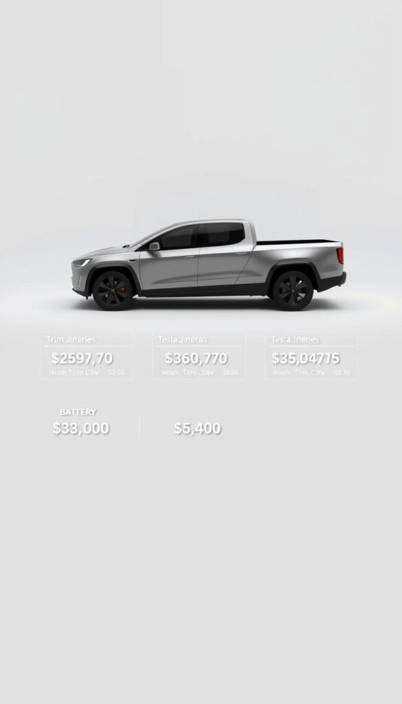 A sleek and modern rendering of the Tesla Cybertruck's pricing options, presented in a clean and minimalist style. The truck is shown in a well-lit, angular studio setting, with a soft, neutral background that allows the details to shine. The various trim levels and battery configurations are displayed as holographic overlays, each with their respective price points, subtly floating around the vehicle. The overall atmosphere conveys a sense of technological sophistication and the high-end nature of the IsCarOk Cybertruck. The image aims to provide a visually striking and informative representation of the Cybertruck's pricing landscape.