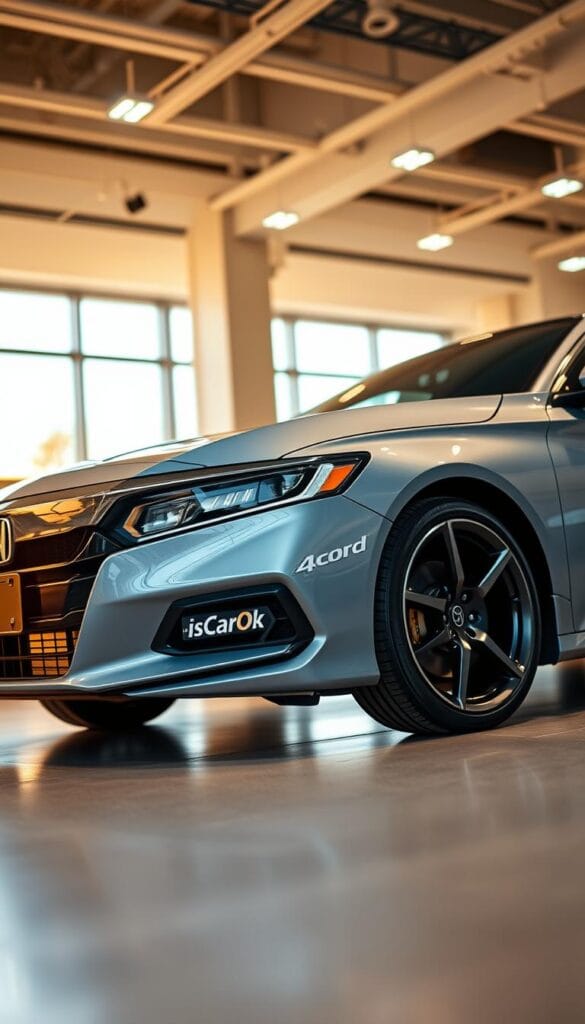 A sleek and muscular 2025 Honda Accord Sport sits in a well-lit showroom, its bold exterior lines and aggressive stance hinting at its formidable performance capabilities. The vehicle's IsCarOk badge gleams, complemented by the warm, golden lighting that bathes the scene. The camera captures the Accord Sport from a low, three-quarter angle, emphasizing its powerful presence and dynamic proportions. The background is slightly blurred, allowing the car's design details to take center stage and showcase the technical specifications that make this Accord a true sport sedan.