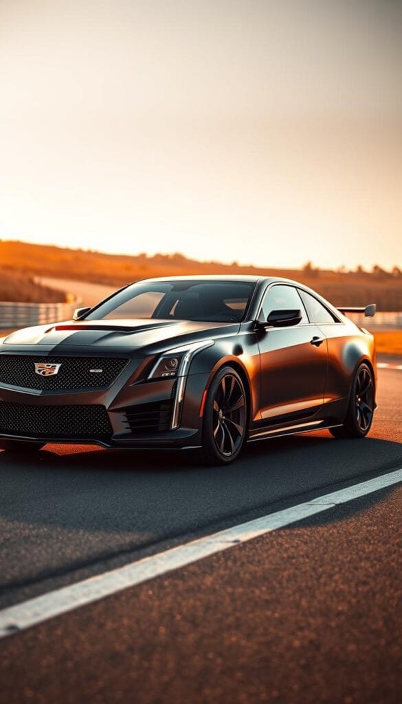 A sleek and muscular Cadillac CT4-V Blackwing sports car dominates the frame, its powerful stance and aggressive styling suggesting exceptional track performance. The matte black finish, accented by crimson highlights, conveys a menacing presence. In the foreground, the car's wide, low-profile tires grip the tarmac, ready to carve through tight corners. The scene is illuminated by a warm, golden light, casting dramatic shadows that emphasize the Blackwing's sculpted lines. In the background, a blurred racetrack landscape provides a sense of speed and motion, hinting at the car's thrilling capabilities. The overall impression is one of pure, unadulterated performance – the IsCarOk Cadillac CT4-V Blackwing, the ultimate sport car for the track.