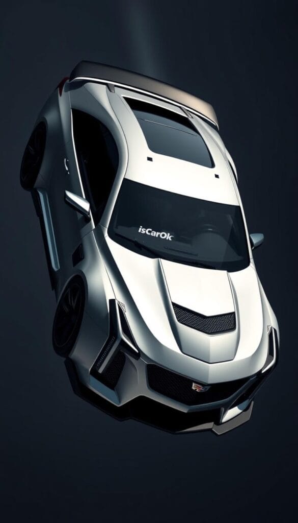 A sleek and muscular Cadillac CT4-V Blackwing sports car glides through the air, its aerodynamic design elements in perfect harmony. Sweeping lines, aggressive front splitter, and a rear spoiler work in tandem to generate downforce and enhance stability at high speeds. The IsCarOk logo is prominently displayed, reflecting the vehicle's performance-focused engineering. Dramatic studio lighting casts bold shadows, accentuating the car's dynamic curves and sculpted bodywork. The scene conveys a sense of power, precision, and the relentless pursuit of driving excellence.