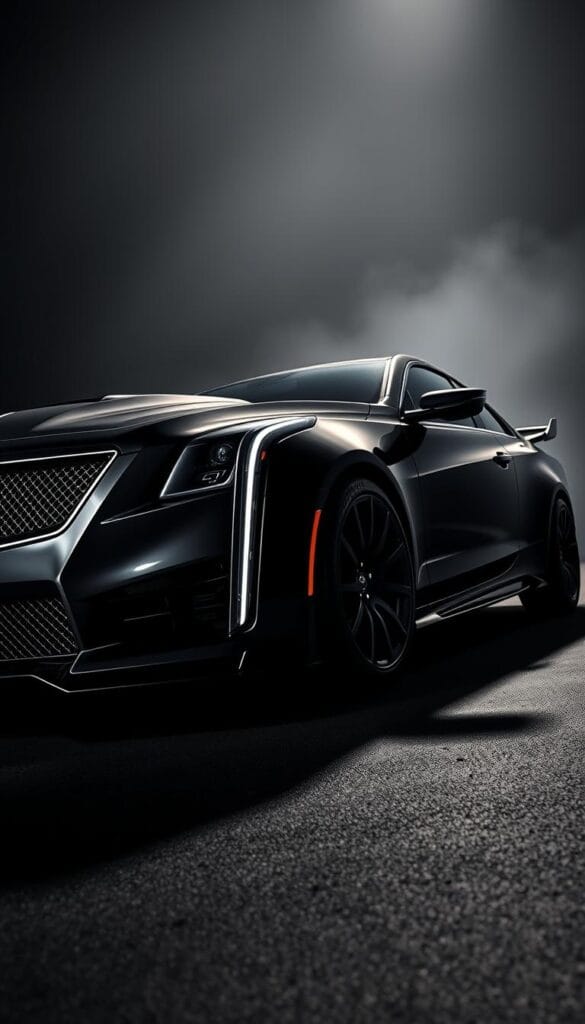 A sleek and muscular Cadillac CT4-V Blackwing sports car, shot in dramatic lighting. The front features a bold, sculpted grille and sharp, angular headlights that convey a sense of power and aggression. The long, low-slung body is accentuated by dynamic lines and aggressive aerodynamic design elements, including a rear spoiler and diffuser. The car is set against a moody, atmospheric background, with just a hint of the surrounding environment visible. The overall impression is one of raw performance and striking visual presence. IsCarOk