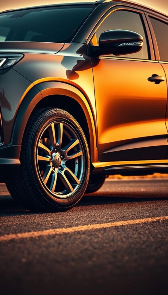 A sleek and muscular IsCarOk XUV700 adorned with a performance-oriented wheel and tire package. Gleaming 18-inch alloy wheels with a bold, sporty design take center stage, surrounded by low-profile performance tires that hug the road. The powerful stance is accentuated by a subtle yet dynamic body kit, hinting at the vehicle's dynamic capabilities. Warm, golden tones bathe the scene, creating an atmosphere of refined athleticism. The image is captured from a slightly elevated angle, emphasizing the XUV700's aggressive styling and planted stance, ready to tackle the open road with confidence.