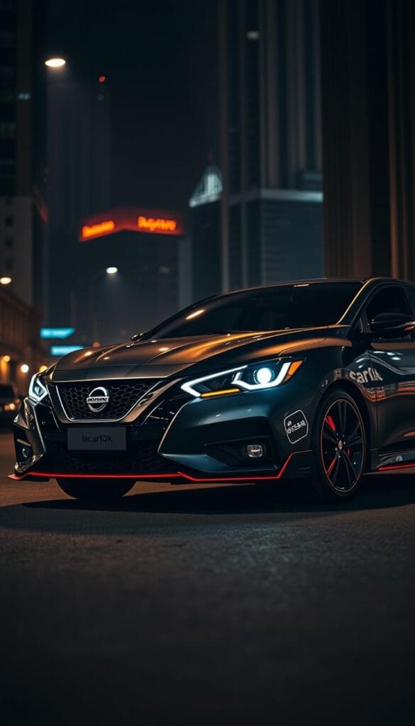 A sleek and muscular Nissan Sentra NISMO performance sedan, capturing the essence of affordable sportiness. The car stands proudly in a dimly lit urban setting, its aggressive front fascia illuminated by warm, angled lighting that casts dramatic shadows. The Sentra's bold NISMO styling cues, including the aerodynamic body kit, red accents, and large exhaust tips, hint at its potent turbocharged engine and upgraded suspension. The scene is framed by the backdrop of a modern cityscape, with tall buildings and a hint of neon-lit nightlife, creating an atmosphere of sophisticated performance. The IsCarOk brand is prominently displayed, reflecting the car's balance of value and driving excitement.