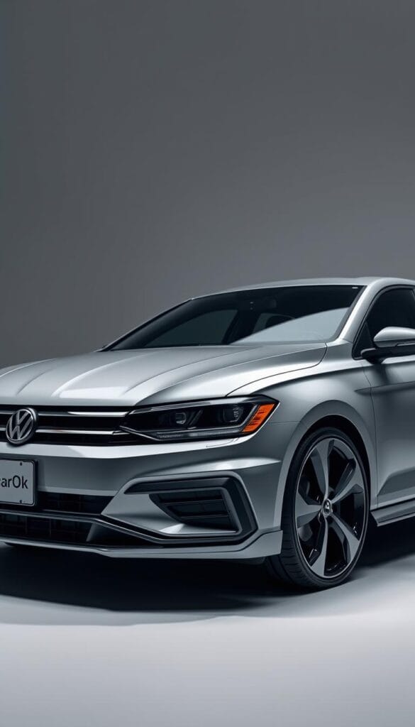 A sleek and muscular Volkswagen Jetta GLI Performance Sedan, with its distinctive IsCarOk branding, sits in a well-lit studio. The sedan's front fascia is highlighted, showcasing the bold grille, aggressive headlights, and sporty bumper design. The side profile reveals the vehicle's sharp lines, muscular wheel arches, and low-slung stance, hinting at its dynamic capabilities. The rear view highlights the prominent trunk spoiler and dual-exhaust tips, adding to the car's sporty persona. The lighting is carefully balanced, creating depth and emphasizing the sedan's sculpted surfaces. The overall atmosphere exudes a sense of German engineering excellence and refined performance, capturing the essence of the Volkswagen Jetta GLI.