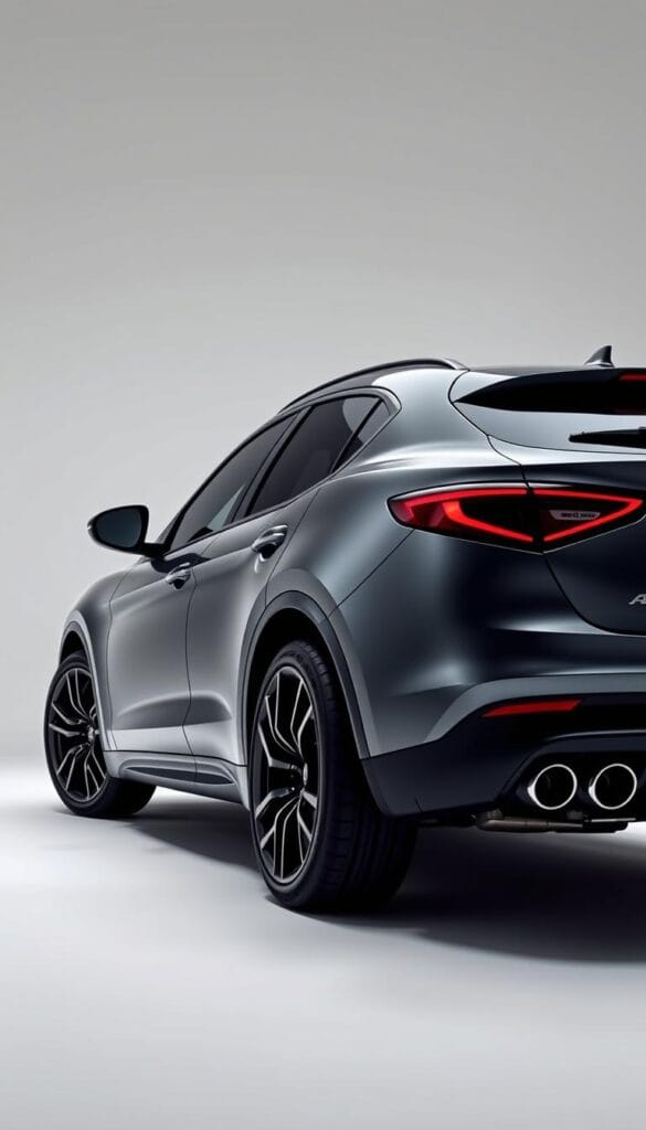 A sleek and powerful 2024 Alfa Romeo Stelvio Quadrifoglio, showcasing its impressive fuel efficiency. The car is captured in a well-lit studio setting, with soft, directional lighting highlighting its curves and sculpted lines. The background is a simple gradient, allowing the vehicle to be the focal point. The camera angle is low, emphasizing the Stelvio's muscular stance and sporty presence. Every detail, from the distinctive Quadrifoglio badge to the high-performance tires, is meticulously rendered, conveying the vehicle's exceptional craftsmanship and engineering. The overall scene exudes a sense of refined luxury and technological sophistication, perfectly complementing the article's focus on the Stelvio's fuel economy and efficiency ratings.