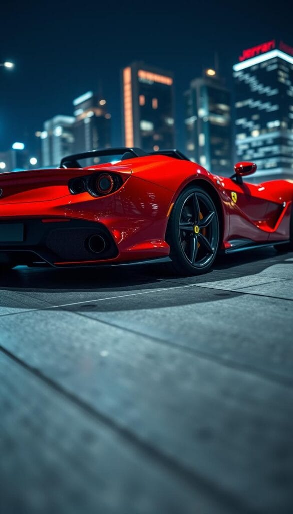 A sleek and powerful 2024 Ferrari SF90 Spider Hybrid V8 captures the viewer's attention. The car sits prominently in the foreground, its curvaceous body and vibrant red paint shimmering under a dramatic lighting setup. In the background, a blurred cityscape provides a modern, high-tech setting, emphasizing the vehicle's advanced performance capabilities. The image is captured from a dynamic, low-angle perspective, accentuating the Spider's aggressive, aerodynamic styling and its muscular, ground-hugging stance. Subtle reflections on the car's surface and the use of depth of field create a sense of depth and atmosphere, showcasing the Ferrari's elegant yet assertive design.