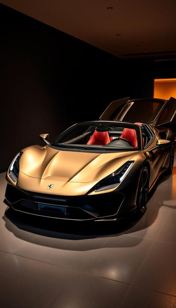A sleek and powerful 2024 Ferrari SF90 Spider hybrid supercar, parked in a dimly lit showroom. The vehicle's sculpted body gleams under the warm, focused lighting, revealing its aerodynamic silhouette and intricate details. The front end features the iconic Ferrari grille and sharp, angular headlights, while the rear showcases the car's advanced hybrid powertrain system, including subtle badging and diffuser elements. The interior is visible through the open doors, hinting at the high-end materials and technological features that await the driver. The overall scene conveys a sense of sophistication, performance, and the cutting-edge engineering that defines the Ferrari brand.