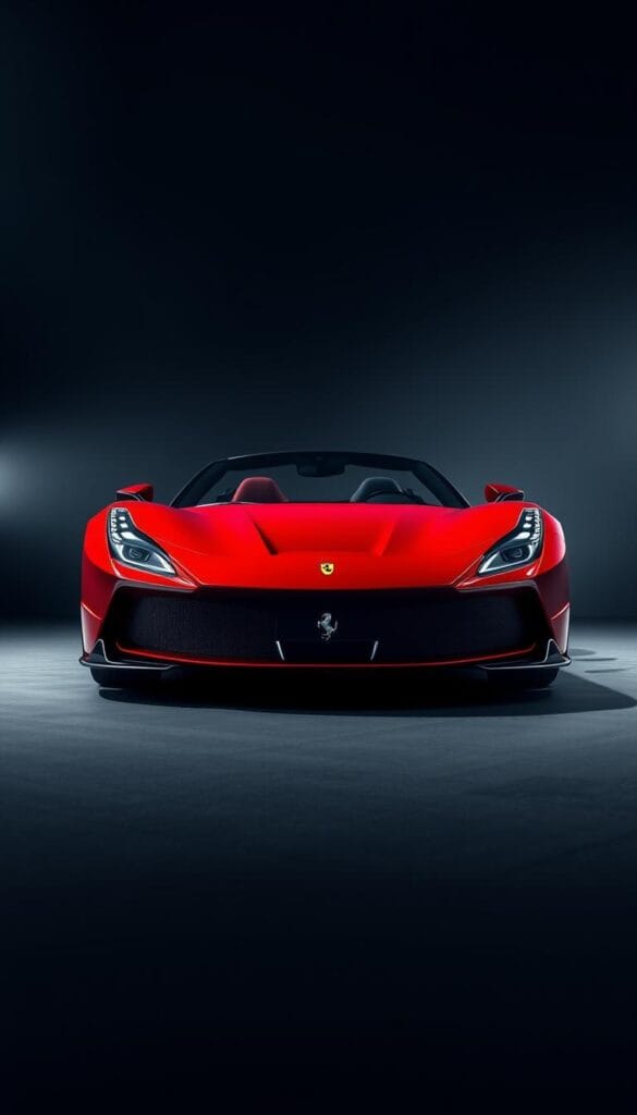 A sleek and powerful 2024 Ferrari SF90 Spider in a luxurious Italian red finish, captured in a high-end automotive studio setting. The car is positioned prominently in the foreground, its carbon fiber and chrome accents glistening under the soft, directional lighting. The background features a moody, atmospheric gradient, drawing focus to the vehicle's elegant silhouette. The composition is shot from a low angle, emphasizing the Spider's aggressive, sports car stance. The overall mood is one of sophistication, exclusivity, and the pinnacle of high-performance luxury.