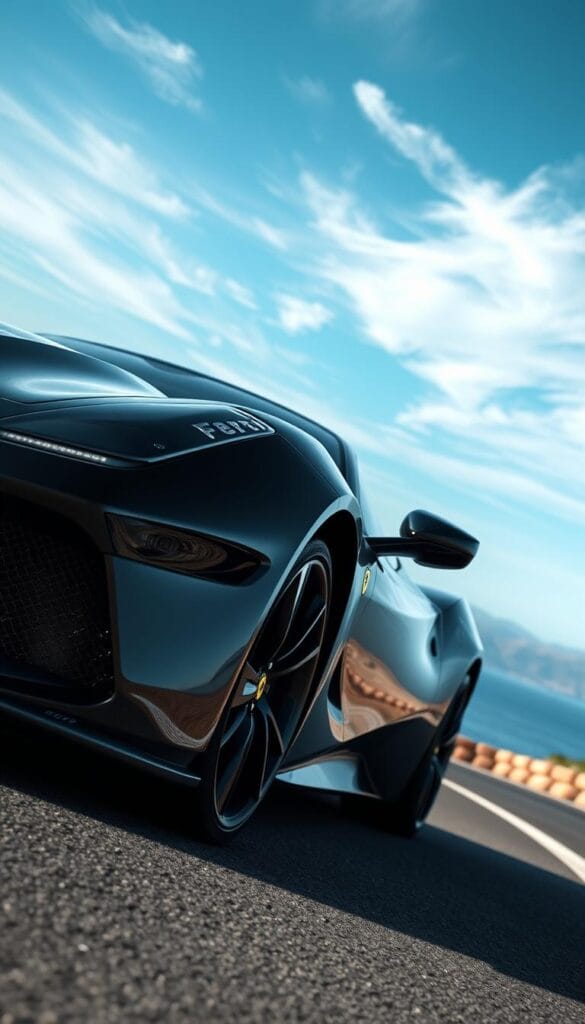 A sleek and powerful 2024 Ferrari SF90 Spider in a luxurious black exterior, gleaming under the sun's rays. The car is captured from a low angle, emphasizing its muscular, aerodynamic form. The front grille and headlights are sharp and aggressive, hinting at the machine's incredible performance capabilities. The mid-engine layout is evident, with the engine cover casting a subtle shadow over the rear. The car is positioned on a winding, coastal road, with the deep blue ocean visible in the background, reflecting the sky's wispy clouds. An atmosphere of sophistication and exclusivity surrounds the scene, befitting the Ferrari's status as a true luxury sports car.