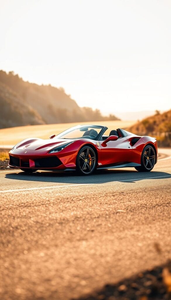 A sleek and powerful 2024 Ferrari SF90 Spider parked on a sun-drenched road, its striking red exterior glistening in the warm light. The mid-engine supercar sits low to the ground, its aerodynamic design hinting at the incredible performance lurking beneath the hood. The convertible top is retracted, revealing the luxurious black leather interior and the advanced digital dashboard. The scene is captured from a low, dynamic angle, emphasizing the Spider's muscular stance and the way it hugs the winding tarmac. The background blurs softly, drawing the viewer's focus to the captivating details of this high-end performance machine.