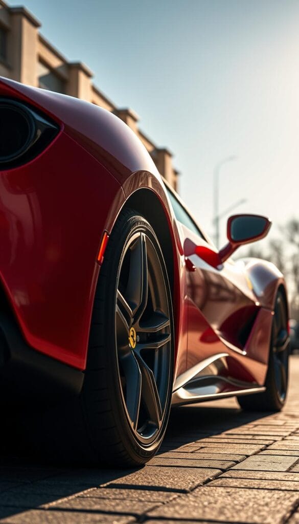 A sleek and powerful 2024 Ferrari SF90 Spider sports car, captured in stunning detail. The exterior showcases the vehicle's dynamic and aerodynamic design, with sharp creases and curvaceous lines that seamlessly blend form and function. The car is set against a backdrop of a sun-dappled, urban setting, with the warm glow of the afternoon light enhancing the deep, lustrous red paint. The image is shot at a low angle, emphasizing the car's muscular and imposing presence, with a wide-angle lens capturing the entirety of the vehicle's striking proportions. The overall mood is one of sophistication, power, and performance, perfectly capturing the essence of this extraordinary supercar.