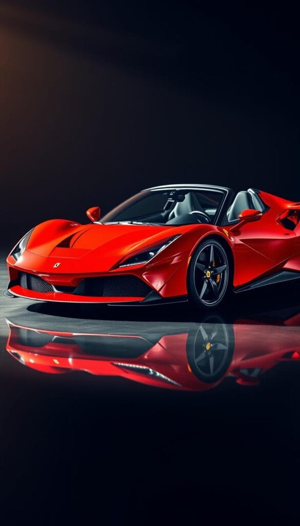 A sleek and powerful 2024 Ferrari SF90 Spider sports car, gleaming in a vibrant red finish, parked on a smooth, reflective surface. The car's sculpted, aerodynamic body is highlighted by dramatic lines and sharp angles, exuding a sense of raw power and Luxury. The front features the iconic Ferrari grille and sharp LED headlights, while the rear showcases the spider's retractable hardtop roof. The scene is illuminated by warm, directional lighting that casts dramatic shadows, accentuating the vehicle's curves and contours. The background is blurred, drawing the viewer's attention solely to the stunning Ferrari SF90 Spider.
