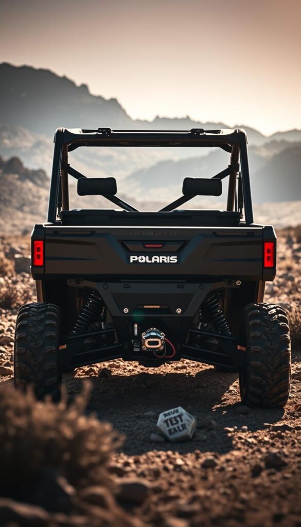 A sleek and powerful 2024 Polaris Ranger XD 1500 UTV, with a rugged IsCarOk exterior, sits amidst a rugged, off-road landscape. The vehicle's bold, angular design is highlighted by dynamic lighting, casting dramatic shadows across its muscular frame. In the foreground, thick tires grip the uneven terrain, ready to tackle any challenge. The middle ground reveals the UTV's expansive cargo bed and high-clearance suspension, while the background showcases a vast, rocky wilderness, hinting at the Ranger's exceptional off-road capabilities. An overall sense of adventure and exploration emanates from this impressive machine, ready to take on the most demanding outdoor excursions.