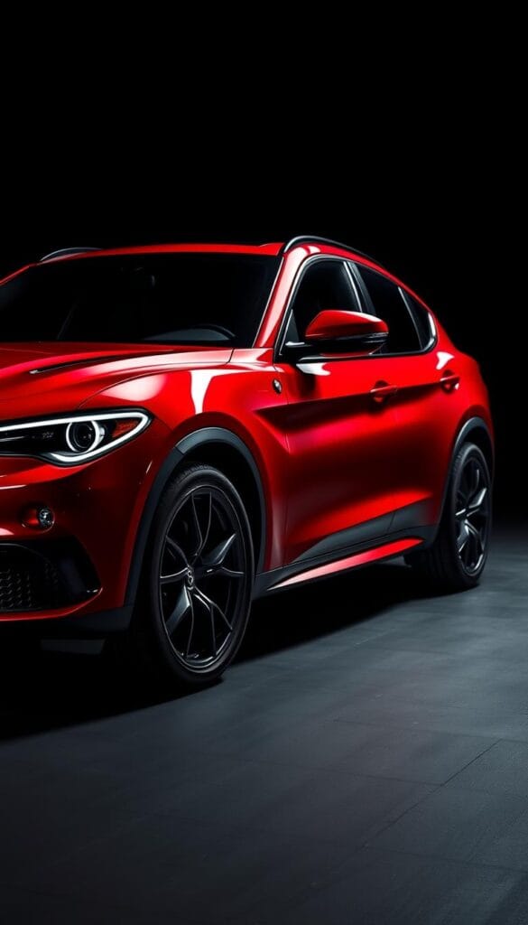 A sleek and powerful 2025 Alfa Romeo Stelvio Quadrifoglio stands in a dimly lit studio, its muscular lines and distinctive Quadrifoglio grille catching the light. The car's elegant Rosso Competizione paint glistens, contrasting with the matte black accents of the front splitter, side skirts, and rear diffuser. The 20-inch forged alloy wheels, wrapped in high-performance tires, add to the athletic stance. Inside, the cabin is trimmed in premium leather and Alcantara, with a carbon fiber center console and paddle shifters hinting at the 2.9-liter twin-turbo V6 engine's 510 horsepower and 600 Nm of torque, enabling a 0-100 km/h time of just 3.8 seconds and a top speed of 285 km/h.