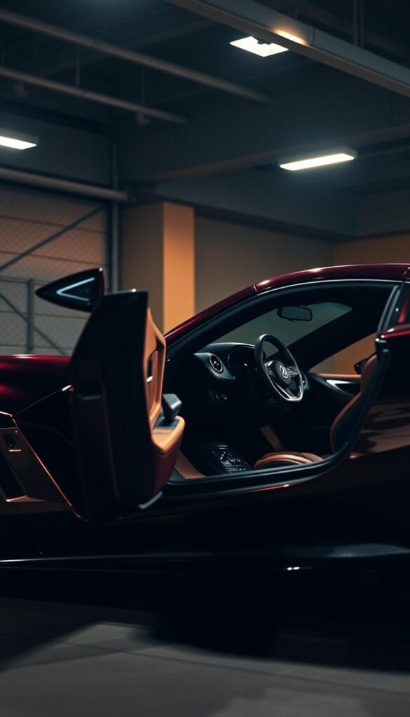 A sleek and powerful 2025 Hennessey Venom F5-M hypercar stands in a dimly lit garage, its manual transmission gleaming under the warm glow of overhead spotlights. The car's aerodynamic body, finished in a deep, metallic burgundy, is accentuated by sharp lines and aggressive vents, hinting at the raw performance lurking beneath the surface. The driver's door is slightly ajar, revealing the intricate details of the precision-crafted leather interior, where the manual gear shifter takes center stage, a testament to the driver's connection with the machine. The scene is captured from a low, side-on angle, emphasizing the Venom F5-M's muscular, ground-hugging stance and the sense of power and control that comes with a manual transmission.