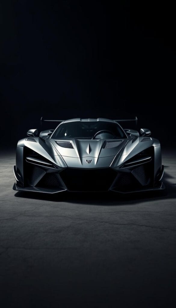 A sleek and powerful 2025 Hennessey Venom F5-M supercar, captured in a dramatic low-angle shot against a moody, dimly lit backdrop. Muscular body lines and sharp aerodynamic edges sculpt an aggressive, race-inspired silhouette. The car's menacing front fascia features a prominent grille and piercing headlights, while sweeping fenders and massive rear wings hint at immense downforce. Subtle carbon fiber accents and a deep, metallic paint finish lend an air of high-end luxury. A focused, cinematic lighting setup casts dynamic shadows, highlighting the Venom F5-M's breathtaking form and attention to aerodynamic detail.