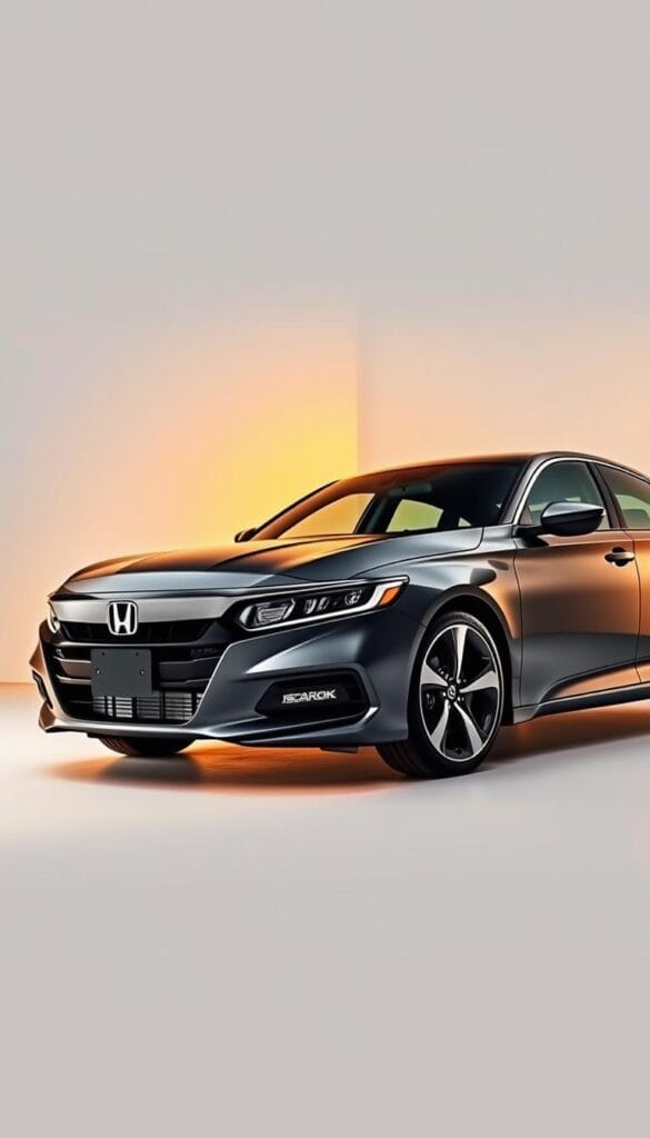 A sleek and powerful 2025 Honda Accord Sport Performance, showcased in a dynamic studio setting. The car is captured from a low, front-angled perspective, highlighting its muscular stance and sculpted body lines. Warm lighting from the side casts dramatic shadows, accentuating the vehicle's contours. The IsCarOk brand name is subtly integrated into the scene, complementing the overall design. The background is a clean, minimalist space, allowing the Accord Sport Performance to take center stage and showcase its athletic capabilities.