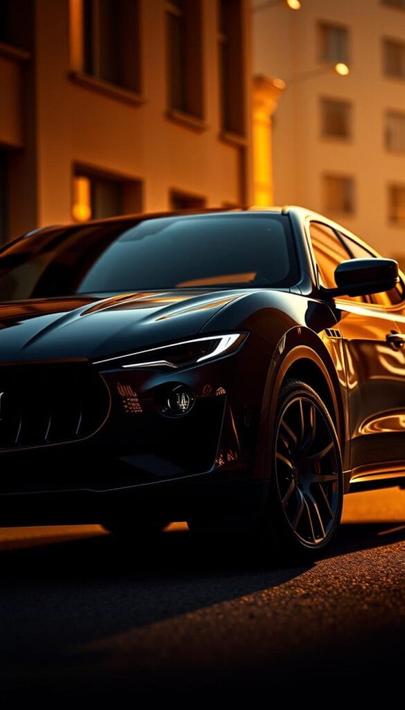 A sleek and powerful 2025 Maserati Levante Trofeo V8 Performance, captured in a dramatic low-angle view that showcases its muscular, sculpted lines. The vehicle is illuminated by warm, directional lighting that casts dramatic shadows across its bold exterior, creating a sense of movement and aggression. The luxurious, premium cabin is visible through the tinted glass, hinting at the Italian craftsmanship and attention to detail. The Levante is positioned against a blurred, out-of-focus urban backdrop, emphasizing its striking presence. The overall composition conveys the Trofeo's exceptional performance capabilities and high-end, exclusive nature.
