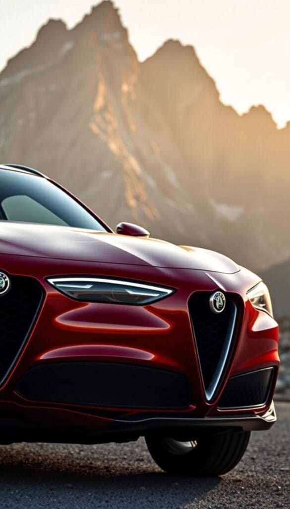 A sleek and powerful Alfa Romeo Stelvio Quadrifoglio Limited Edition SUV stands proudly against a backdrop of rugged mountain peaks. The vehicle's striking Rosso Competizione red paint gleams under the warm, golden light of the setting sun, accentuating its muscular, aerodynamic lines. The front grille sports the iconic Quadrifoglio cloverleaf badge, a symbol of the vehicle's high-performance capabilities. The subtle carbon fiber accents on the side mirrors and front splitter add an extra touch of sportiness. The image is captured from a low angle, emphasizing the Stelvio's imposing presence and commanding stance. The overall atmosphere conveys a sense of exclusivity and adventure, befitting a limited-edition, high-performance luxury SUV.