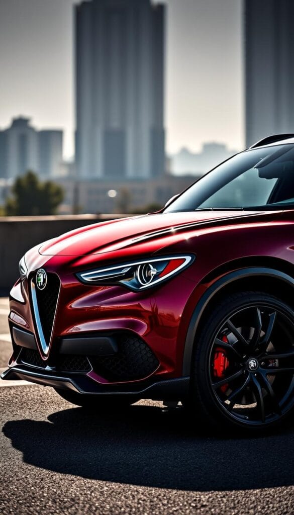 A sleek and powerful Alfa Romeo Stelvio Quadrifoglio SUV, adorned with striking performance upgrades. In the foreground, the vehicle's aggressive carbon fiber front splitter and side skirts stand out, hinting at its enhanced aerodynamics. The middle ground showcases the Quadrifoglio's signature green four-leaf clover emblem on the front fender, coupled with large red Brembo brake calipers peeking from behind the lightweight alloy wheels. In the background, a blurred urban landscape sets the stage, casting dramatic shadows that highlight the Stelvio's muscular presence. Dramatic low-angle lighting casts a dynamic glow, emphasizing the SUV's bold, Italian design language and its exceptional performance capabilities.