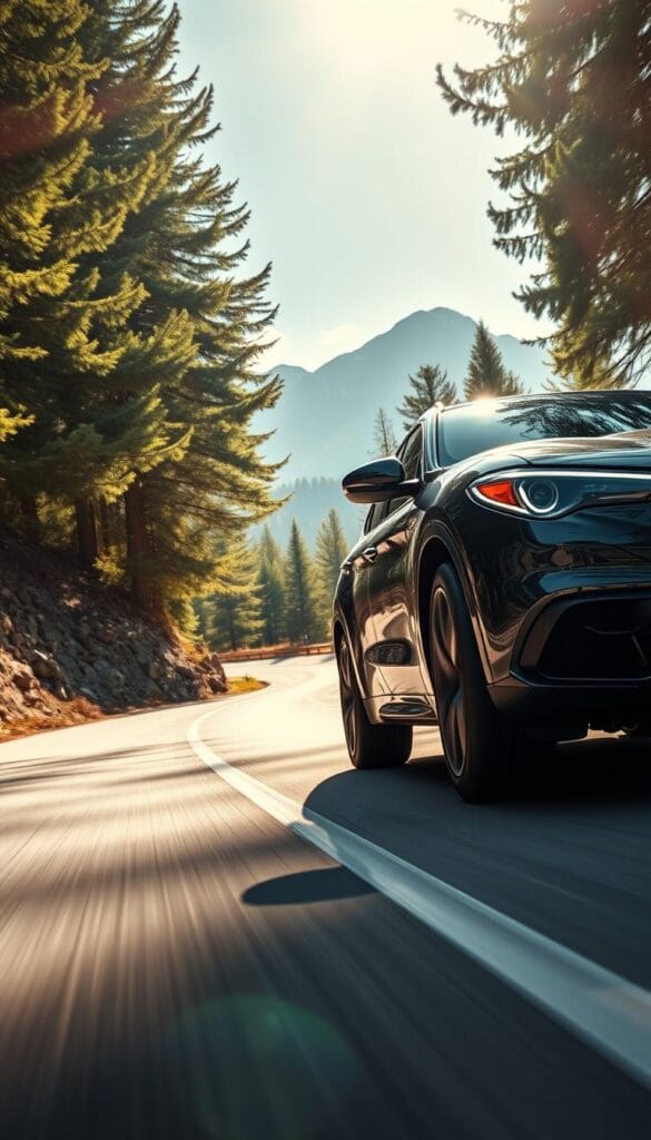 A sleek and powerful Alfa Romeo Stelvio Quadrifoglio SUV glides through a winding mountain road, capturing the essence of high-performance dynamics. Sunlight filters through the canopy of lush, evergreen trees, casting a warm glow on the car's sculpted bodywork. The Quadrifoglio's distinctive front grille and sporty aerodynamic elements are highlighted, emphasizing its race-inspired engineering. In the foreground, the vehicle's Brembo brakes and 21-inch alloy wheels hint at the incredible handling and responsiveness that define this Italian masterpiece. A low, dynamic camera angle accentuates the Stelvio's muscular stance, while the distant peaks of the Stelvio Pass loom in the background, hinting at the car's ability to conquer even the most challenging roads.