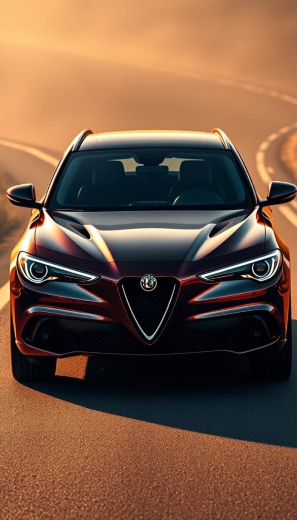 A sleek and powerful Alfa Romeo Stelvio Quadrifoglio SUV, its sculpted hood and muscular frame bathed in warm, golden light. The Ferrari-derived 2.9L twin-turbocharged V6 engine, the heart of this beast, visible through a transparent glass panel, its intricate components gleaming under the spotlight. The Stelvio's menacing grille and sharp headlights project an aura of refined aggression, hinting at the incredible performance within. Set against a hazy, atmospheric background that evokes the winding roads of the Italian countryside, this image captures the essence of the Stelvio Quadrifoglio - a true fusion of Alfa Romeo's motorsport heritage and Ferrari's uncompromising engineering.