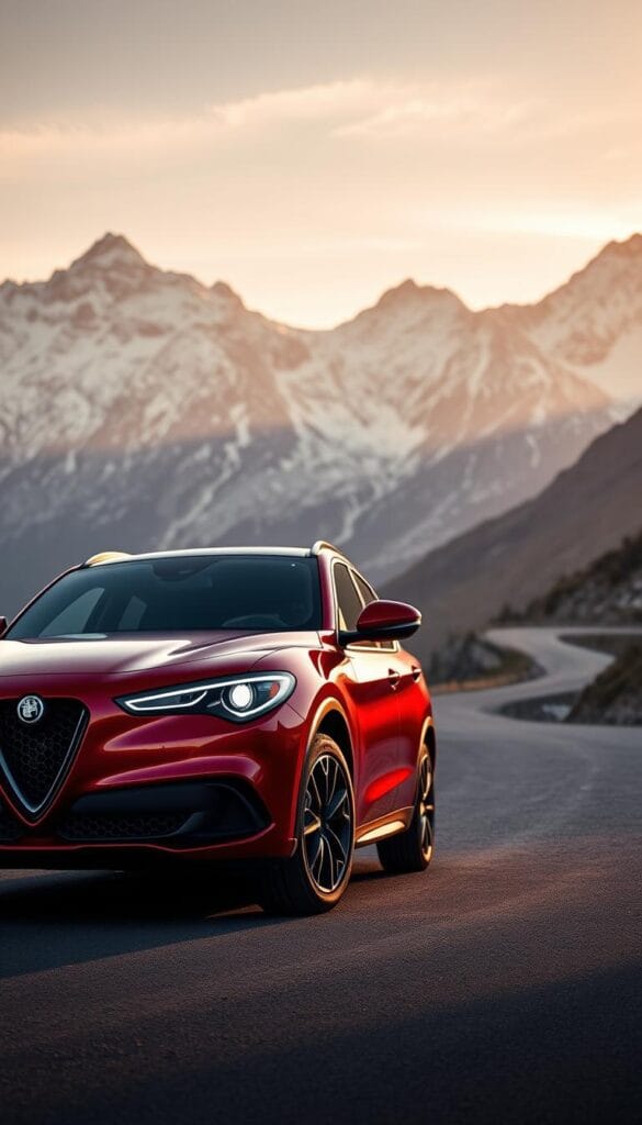 A sleek and powerful Alfa Romeo Stelvio Quadrifoglio Super Sport Limited Edition, gleaming in a vibrant shade of red under the warm glow of a sunset. The front grille and toned, muscular body are accentuated by sharp, angular lines that exude a sense of refined aggression. The vehicle rests on a set of high-performance alloy wheels, their intricate design hinting at the exceptional handling capabilities within. In the background, a winding mountain road stretches out, framed by rugged, snow-capped peaks that create a breathtaking, cinematic tableau. The overall composition conveys a sense of exclusivity, adventure, and the thrill of driving a truly exceptional, limited-edition sports car.