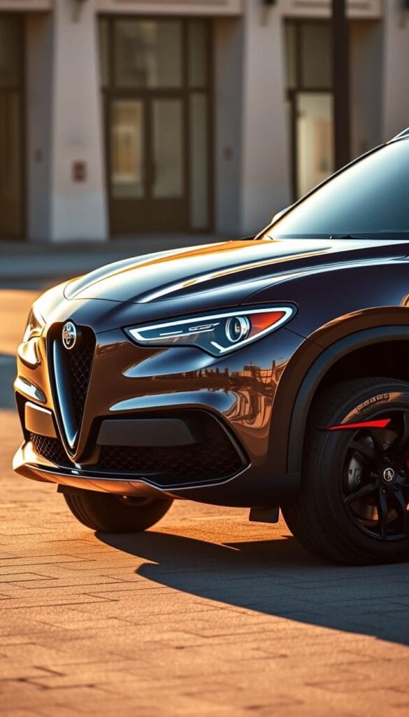 A sleek and powerful Alfa Romeo Stelvio Quadrifoglio, captured in a crisp, high-resolution exterior view. The vehicle is bathed in warm, golden afternoon light, its shapely hood and muscular front fenders accentuated by dynamic shadows. The iconic Alfa Romeo grille and triangular headlamps command attention, while the sculptural side profile showcases the vehicle's athletic stance and distinctive Quadrifoglio trim. The rear view highlights the aggressive, aerodynamic design, including the sporty diffuser and quad exhaust tips. The image conveys the Stelvio Quadrifoglio's exceptional performance capabilities and premium luxury, set against a softly blurred urban backdrop.