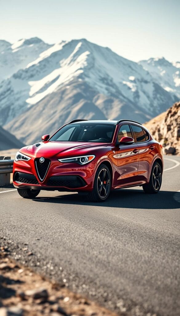 A sleek and powerful Alfa Romeo Stelvio Quadrifoglio luxury performance SUV, parked on a winding mountain road against a backdrop of snow-capped peaks. The vehicle's striking exterior features a glossy Rosso Competizione paint job, complemented by bold carbon fiber accents and distinctive Quadrifoglio badging. The dynamic front grille and curvaceous body lines convey a sense of athleticism and refined Italian design. Capturing the vehicle in a three-quarter angle, the prompt aims to showcase the Stelvio's muscular stance and road-hugging presence, with dramatic lighting casting dramatic shadows across the sculpted surfaces. The overall atmosphere should evoke a sense of high-performance luxury and the thrill of driving in a breathtaking natural setting.