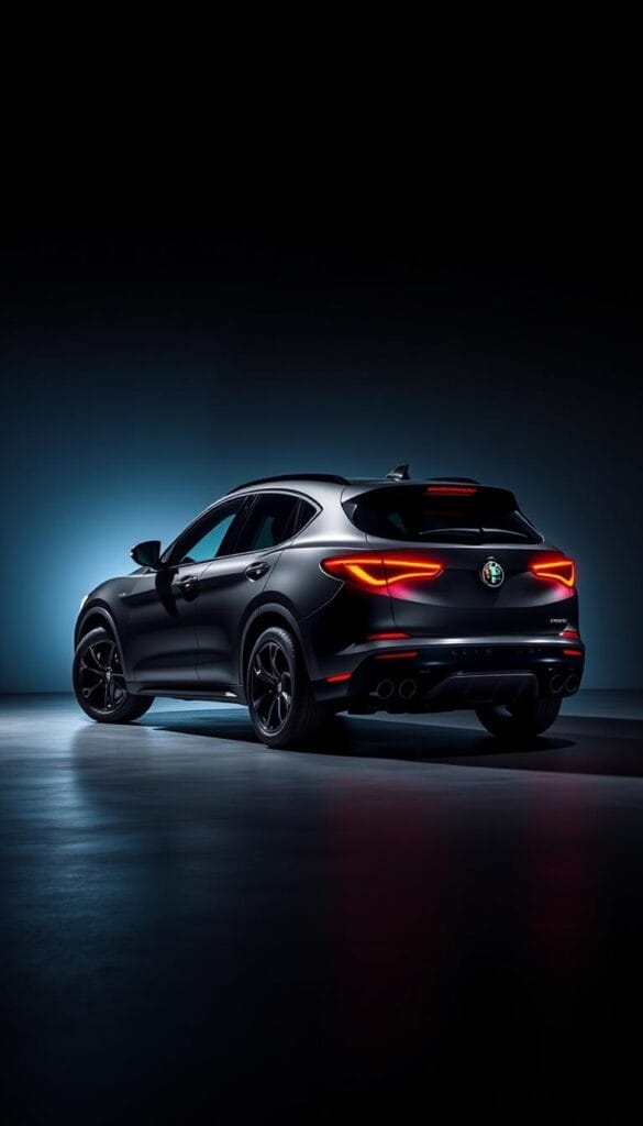 A sleek and powerful Alfa Romeo Stelvio Quadrifoglio sports SUV, captured in a dramatic studio setting. The vehicle's bold, sculpted lines and iconic Quadrifoglio Verde badging are illuminated by dramatic studio lighting, casting dramatic shadows that accentuate the vehicle's muscular stance. The foreground features the Stelvio's customized details, such as carbon fiber accents, exclusive alloy wheels, and a bespoke paint finish. The middle ground showcases the vehicle's dynamic profile, while the background fades to a moody, high-contrast studio backdrop, creating an atmosphere of refined performance and exclusivity.
