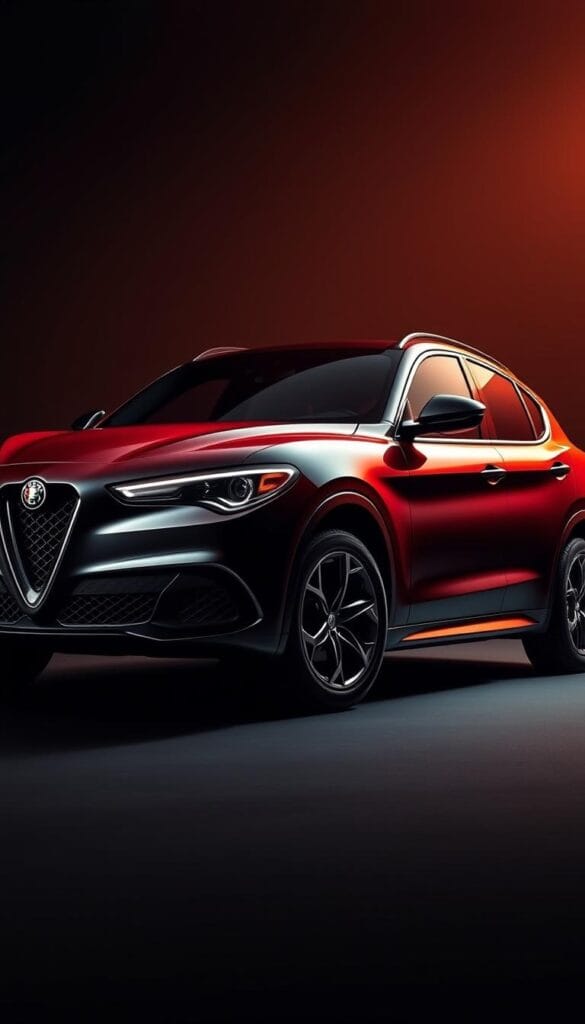 A sleek and powerful Alfa Romeo Stelvio Quadrifoglio, the pinnacle of the luxury SUV lineup, captured in a dramatic studio setting. The iconic Quadrifoglio grille and aerodynamic body lines are bathed in warm, directional lighting, accentuating the vehicle's muscular stance and premium craftsmanship. The mid-ground showcases the vehicle's distinctive 20-inch alloy wheels, while the background features a moody, gradient-rich environment, hinting at the Stelvio's exceptional on-road performance and the exclusivity of this coveted trim level.