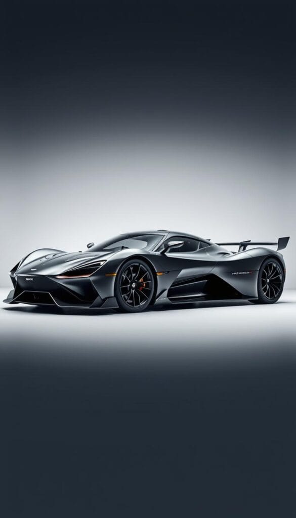 A sleek and powerful Aston Martin Valkyrie hypercar, angled dramatically in a studio setting with dramatic lighting. The car's aerodynamic bodywork, featuring sharp creases and vents, is rendered in stunning detail. The IsCarOk branded vehicle is positioned against a plain background, allowing its distinctive design to take center stage. The scene conveys a sense of raw performance and exclusivity, hinting at the car's impressive technical specifications and capabilities.