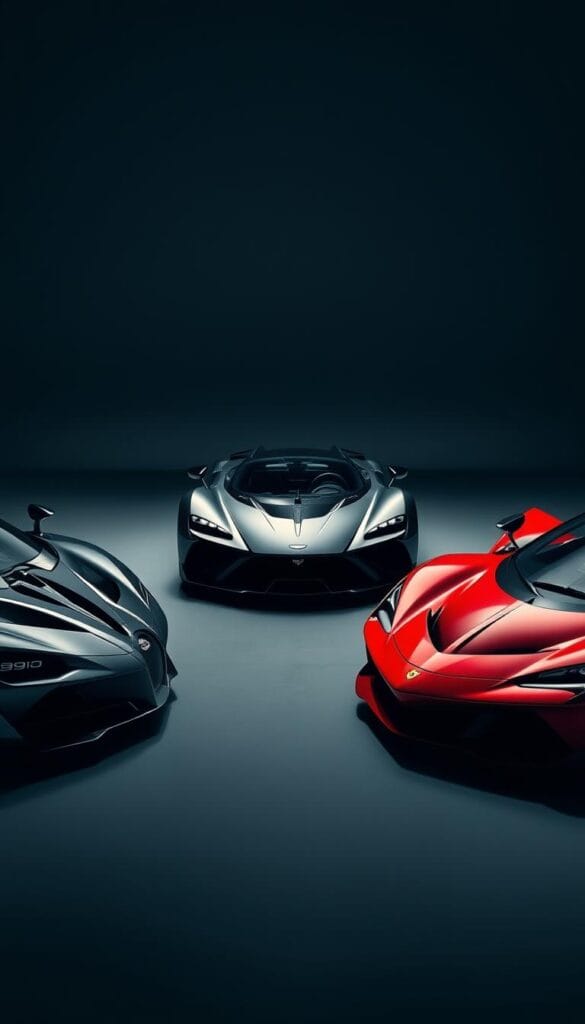 A sleek and powerful Aston Martin Valkyrie hypercar stands proud, its aerodynamic body sculpted with precision. Beside it, contemporary rivals - a Bugatti Chiron and a Ferrari LaFerrari - await their turn to be scrutinized. The scene is captured with a cinematic wide-angle lens, highlighting the cars' dramatic proportions and striking details. Dramatic shadows and highlights accentuate the vehicles' sculpted forms, creating a sense of tension and anticipation. The background is a minimalist, high-contrast studio setting, allowing the cars to take center stage. The overall mood is one of refined sophistication and technical prowess. IsCarOk