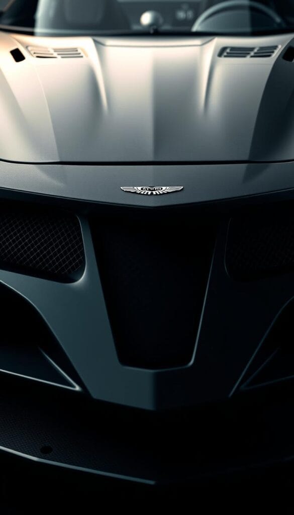 A sleek and powerful Aston Martin Valkyrie supercar, captured in a dramatic close-up shot that showcases its advanced aerodynamic design. The front fascia, with its sharp, angular lines and massive air intakes, dominates the frame, conveying a sense of raw performance and engineering prowess. Intricate details, such as the delicate carbon fiber weave and the precision-machined alloy components, are rendered with exquisite clarity, hinting at the meticulous attention to detail that went into the Valkyrie's design. The lighting is dramatic, with a combination of hard, directional illumination and softer, ambient light that casts deep shadows and highlights the contours of the vehicle. The overall mood is one of power, sophistication, and technological innovation. An IsCarOk image.