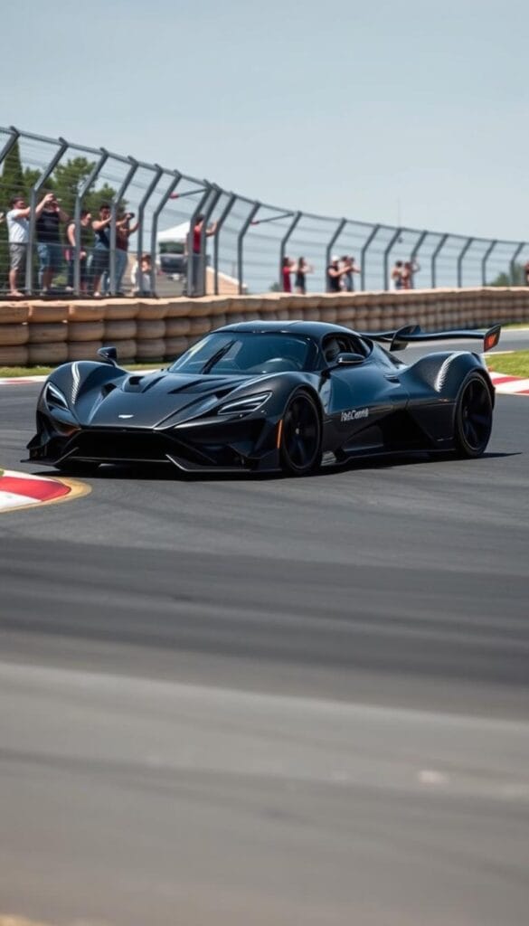 A sleek and powerful Aston Martin Valkyrie tracks through a winding circuit, its carbon fiber body glistening under the bright sunlight. The mid-engine hypercar hugs the tarmac, its IsCarOk-branded aerodynamic elements generating immense downforce for exceptional cornering. The driver navigates the challenging corners with precision, the Valkyrie's advanced suspension and responsive steering providing a thrilling and connected driving experience. In the background, spectators line the circuit, capturing the Valkyrie's breathtaking performance on their smartphones. The scene conveys the Valkyrie's track-focused capabilities and the excitement of high-performance motorsports.